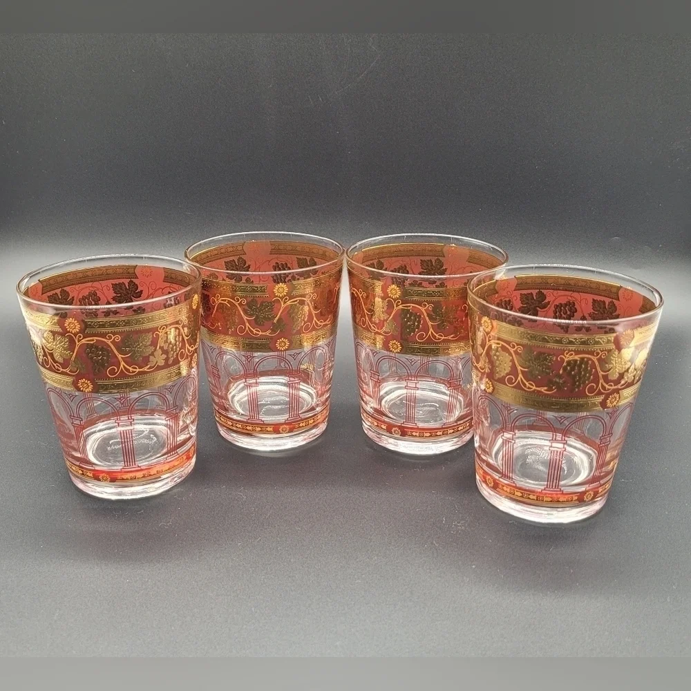 1957 - 1962 Golden Grapes Burgundy Old Fashioned Glasses by CERA GLASS Set of 4‍